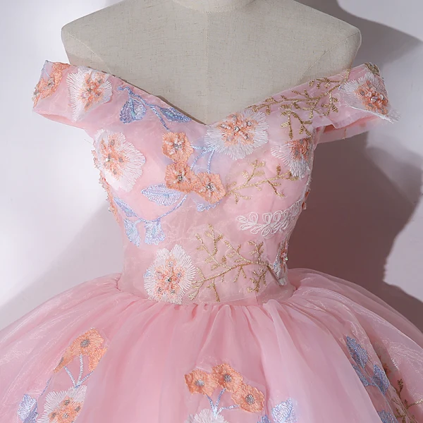 Elegant Candy Pink Prom Dresses 2021 Ball Gown Off-The-Shoulder Beading Pearl Rhinestone Lace Flower Sleeveless Backless Floor-Length / Long Prom Formal Dresses