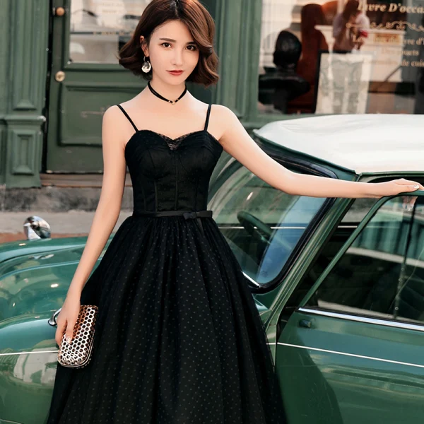 Chic / Belle Noire Robe De Bal 2018 Princesse Tachetée Noeud Bretelles Spaghetti Dos Nu Sans Manches Longueur Cheville Robe De Ceremonie