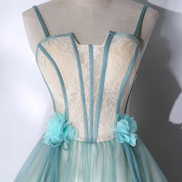 Classy Mint Green Prom Dresses 2021 A-Line / Princess Spaghetti Straps Appliques Lace Flower Sleeveless Backless Floor-Length / Long Prom Formal Dresses