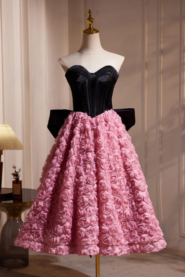 Charming Black Ruffle Flower Party Dresses 2024 A-Line / Princess Strapless Sleeveless Backless Bow Knee-Length Evening Party Cocktail Party Formal Dresses