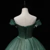 Elegant Dark Green Prom Dresses 2022 Ball Gown Off-The-Shoulder Short Sleeve Sequins Backless Pearl Bow Floor-Length / Long Formal Dresses