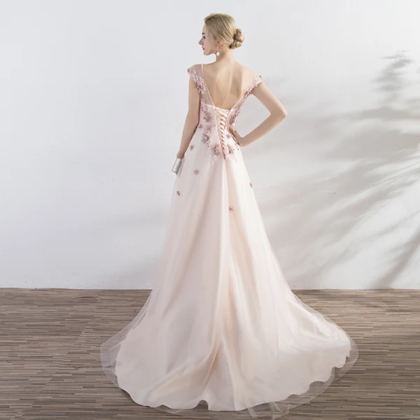 Élégant Rose Bonbon Robe De Ceremonie Princesse 2017 En Dentelle Fleur Noeud Perlage Dos Nu V-Cou Manches Courtes Tribunal Train Robe De Bal