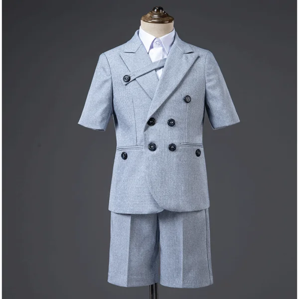 Mode Gris Bleu Ciel Costume Garçon Mariage 2021 Manches Courtes Noeud Cravate