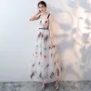 Amazing / Unique White Party Dresses 2018 A-Line / Princess Spaghetti Straps Sleeveless Cartoon Printing Sash Ankle Length Ruffle Backless Formal Dresses