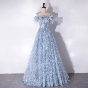 Mode Hemelsblauw Kwast Rhinestone Strik Galajurken 2024 A Lijn Strapless Mouwloos Ruglooze Lange Gala Gelegenheid Jurken