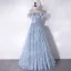 Fashion Sky Blue Tassel Rhinestone Bow Prom Dresses 2024 A-Line / Princess Strapless Sleeveless Backless Floor-Length / Long Prom Formal Dresses