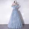 Fashion Sky Blue Tassel Rhinestone Bow Prom Dresses 2024 A-Line / Princess Strapless Sleeveless Backless Floor-Length / Long Prom Formal Dresses