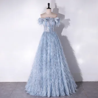 Fashion Sky Blue Tassel Rhinestone Bow Prom Dresses 2024 A Line Princess Strapless Sleeveless Backless Floor Length Long Prom Formal Dresses