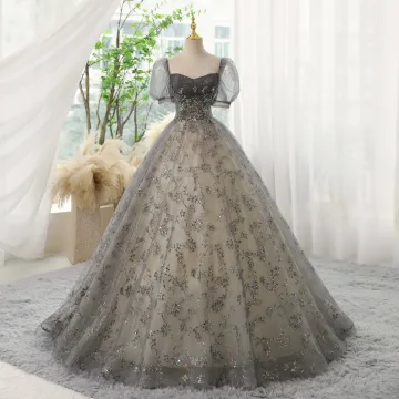 Chic Beautiful Grey Beading Sequins Prom Dresses 2023 Ball Gown Square Neckline Short Sleeve Backless Floor Length Long Prom Formal Dresses