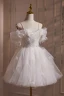 Fashion White Pearl Appliques Cascading Ruffles Party Dresses 2024 Short Ball Gown Spaghetti Straps Short Sleeve Backless Evening Party Formal Dresses