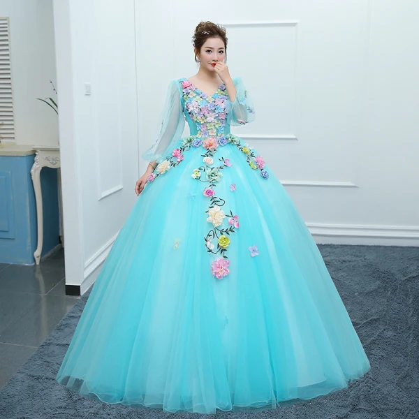 Affordable Flower Fairy Yellow Prom Dresses 2018 Ball Gown Appliques V-Neck Backless 3/4 Sleeve Floor-Length / Long Formal Dresses