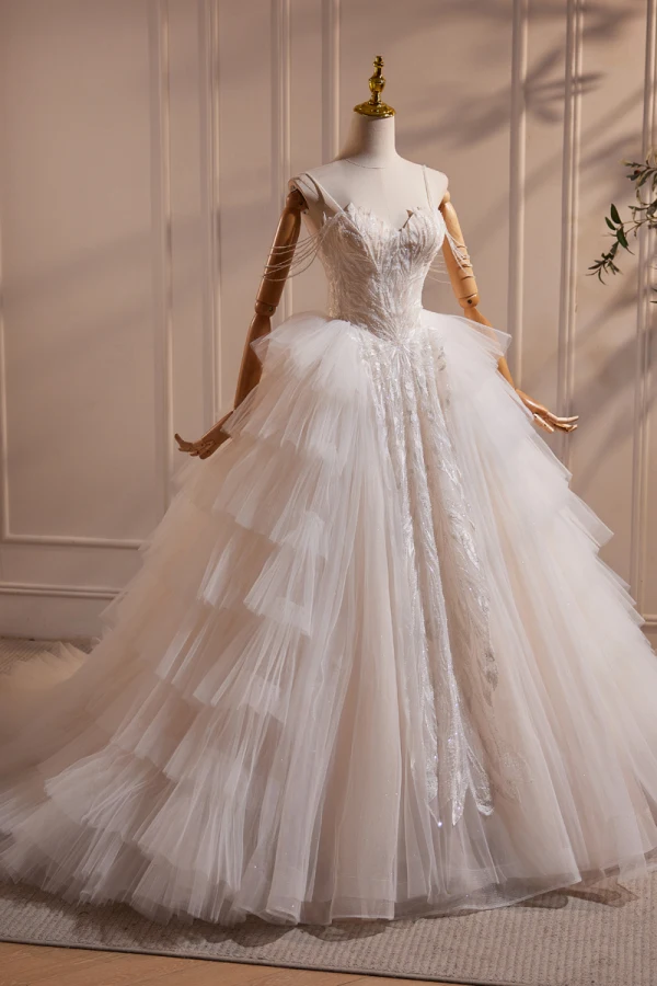 Élégant Ivoire Perlage En Dentelle Fleur Volants en Cascade Robe De Bal 2024 Robe Boule Bretelles Spaghetti Sans Manches Dos Nu Longue Promo Robe De Ceremonie