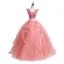 Abordable Rose Bonbon Robe De Bal 2018 Robe Boule En Dentelle Fleur Appliques Perle Faux Diamant Volants en Cascade V-Cou Dos Nu Sans Manches Longue Robe De Ceremonie