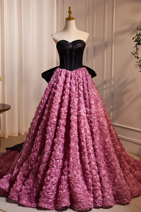 Fashion Fuchsia Ruffle Flower Prom Dresses 2024 Ball Gown Strapless Sleeveless Backless Bow Court Train Prom Formal Dresses