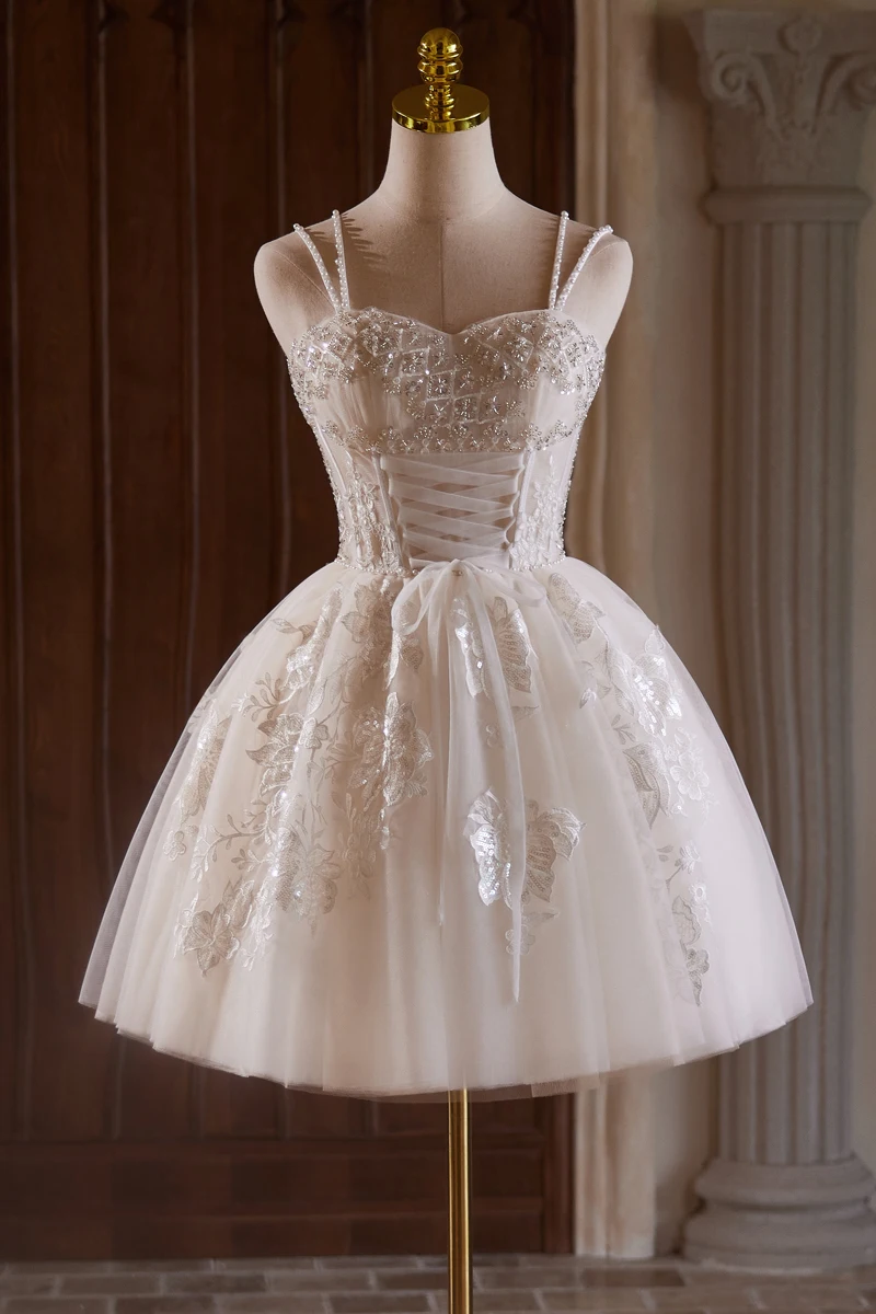 Sexy Beige Beading Sequins Short Party Dresses 2024 Ball Gown Spaghetti Straps Backless