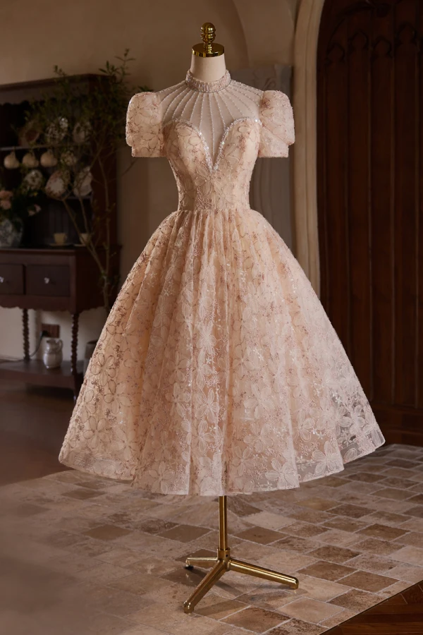 Chic Beautiful Champagne Beading Pearl Sequins Flower Party Dresses 2024 Ball Gown High