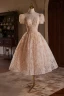 Chic / Beautiful Champagne Beading Pearl Sequins Flower Party Dresses 2024 Ball Gown High Neck Puffy Short Sleeve Backless Tea-length Cocktail Party Evening Party
