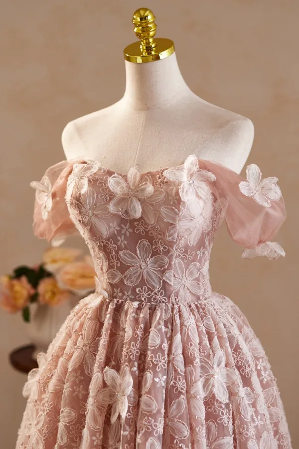 Vintage / Retro Blushing Pink Appliques Birthday Party Dresses 2024 Ball Gown Off-The-Shoulder Short Sleeve Backless Knee-Length Formal Dresses
