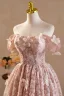Vintage / Retro Blushing Pink Appliques Birthday Party Dresses 2024 Ball Gown Off-The-Shoulder Short Sleeve Backless Knee-Length Formal Dresses