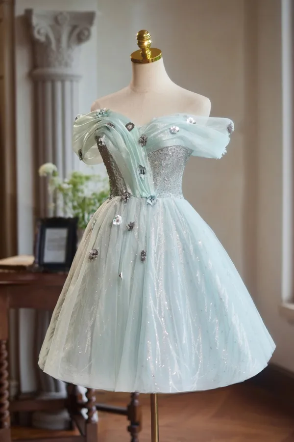 Chic / Belle Vert Cendré Appliques Perlage Paillettes Courte Robe De Fête 2024 Princesse De l'épaule Manches Courtes Dos Nu Robe De Ceremonie