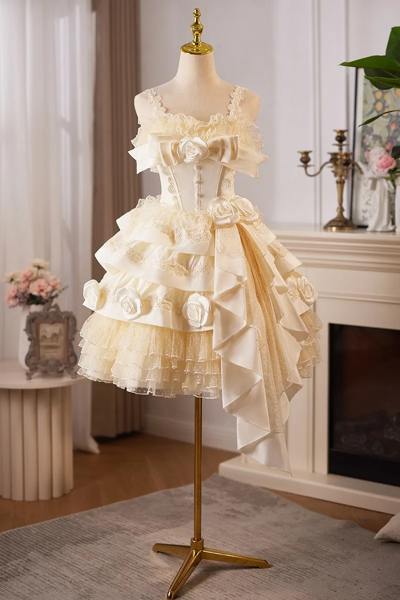 Elegant Champagne Cascading Ruffles Appliques Satin Party Dresses 2024 Ball Gown Straps