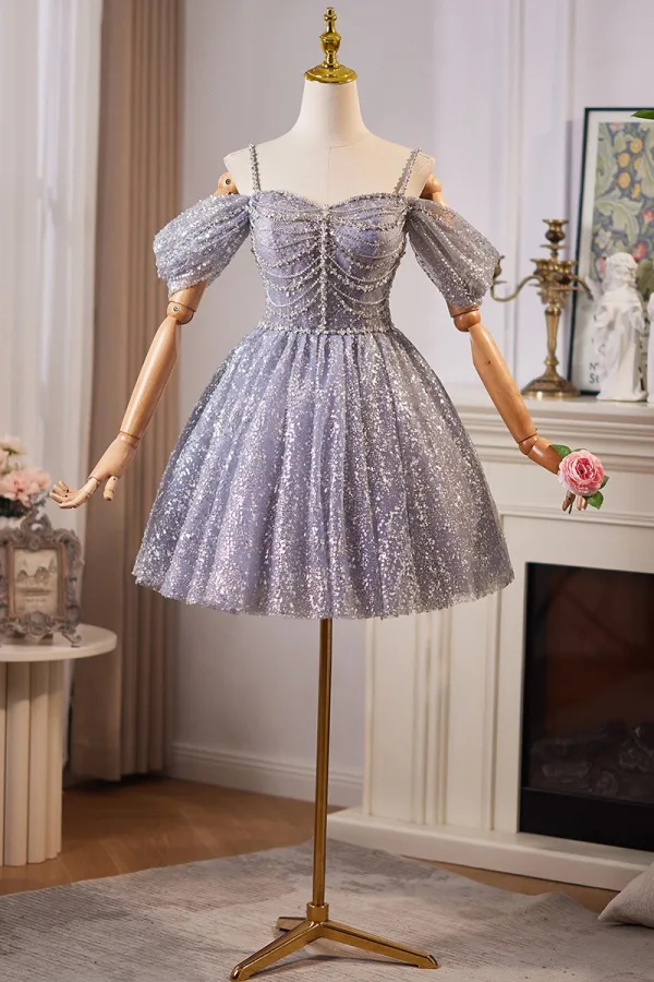 Sexy Lavendel Perlenstickerei Perle Strass Pailletten Kurze Partykleider 2024 A Linie Spaghettiträger Ärmellos Rückenfreies Tülle Festliche Kleider