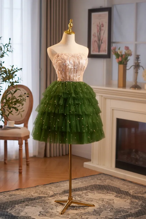 Chic / Beautiful Green Pearl Sequins Short Cascading Ruffles Prom Dresses 2024 A-Line / Princess Strapless Sleeveless Backless Prom Formal Dresses