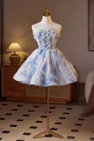 Sjarmerende Sexy Himmelen Blå Beading Perle Paljetter Appliques Korte Festkjoler 2025 Ballkjole Strapless Uten Ermer Ryggløse Fest Aften