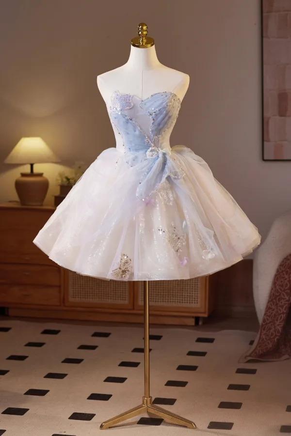 Sexy Sky Blue Beading Pearl Sequins Party Dresses 2025 Ball Gown Strapless Sleeveless Backless Floor-Length / Long Cocktail Party Evening Party Formal Dresses