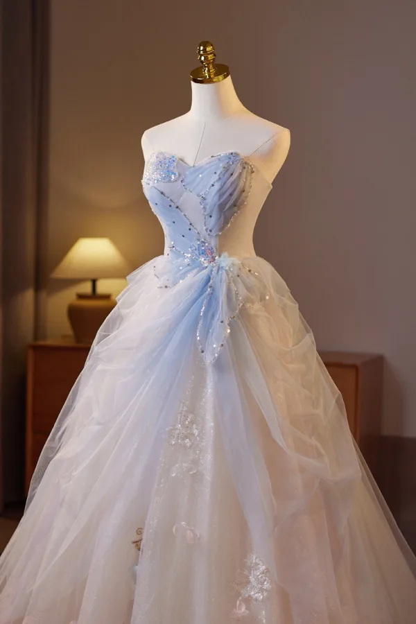 Chic / Beautiful Sky Blue Beading Pearl Sequins Prom Dresses 2025 Ball Gown Strapless Sleeveless Backless Floor-Length / Long Prom Formal Dresses