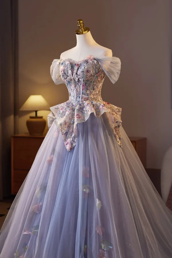 Flower Fairy Lavender Beading Lace Flower Pearl Sequins Prom Dresses 2025 Ball Gown Off-The-Shoulder Short Sleeve Backless Floor-Length / Long Prom Formal Dresses