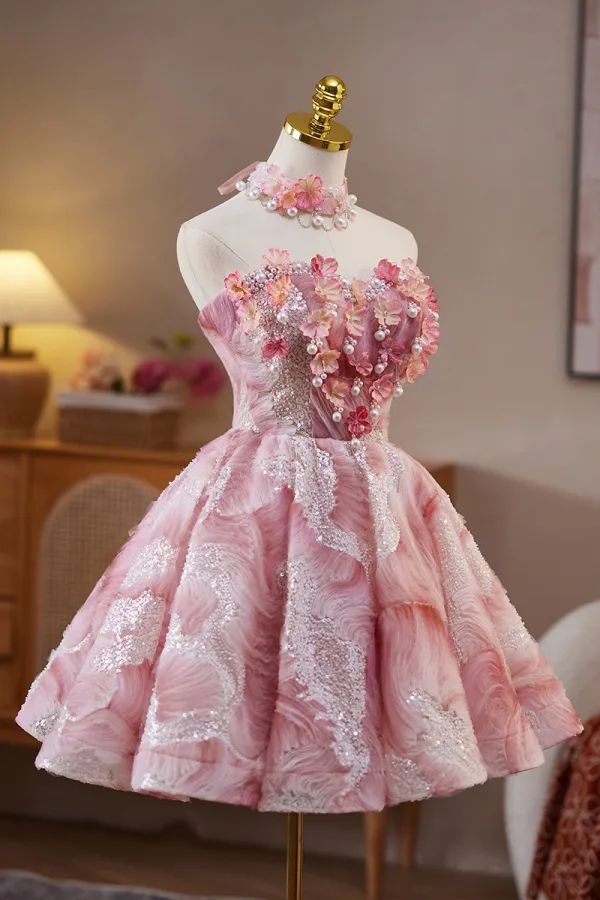 Sexy Blushing Pink Beading Pearl Sequins Appliques Short Party Dresses 2025 A-Line / Princess Strapless Sleeveless Backless Cocktail Party Evening Party Formal Dresses