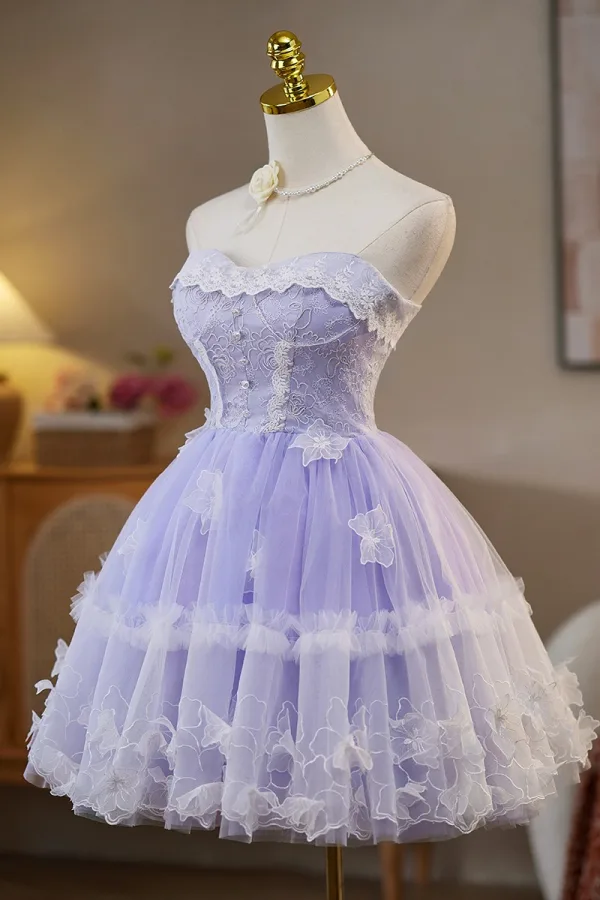 Sexy Lavande En Dentelle Fleur Appliques Courte Robe De Fête 2025 Bustier Sans Manches Dos Nu Soirée Robe De Ceremonie