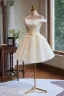 Schlicht Champagner Spitze Blumen Schleife Stoffgürtel Kurze Partykleider 2024 Ballkleid Off Shoulder Ärmellos Rückenfreies Abend Festliche Kleider
