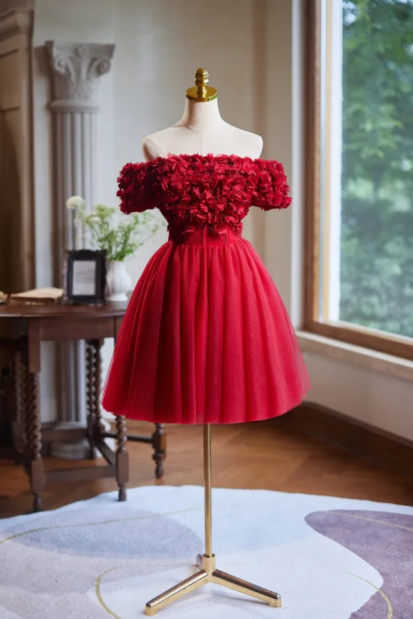 Chic Beautiful Red Appliques Short Prom Dresses 2024 Ball Gown Off-The-Shoulder Short Chic Beautiful Red Appliques Short Prom Dresses 2024 Ball Gown Off-The-Shoulder Short