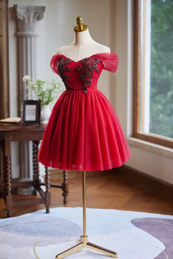 Chic / Beautiful Red Beading Short Prom Dresses 2024 Ball Gown Off-The-Shoulder Short Sleeve Backless Prom Formal Dresses