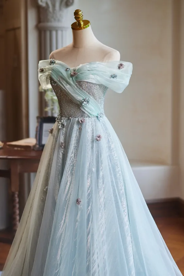 Charming Sage Green Beading Pearl Appliques Prom Dresses 2024 Ball Gown Off-The-Shoulder Short Sleeve Backless Floor-Length / Long Prom Formal Dresses