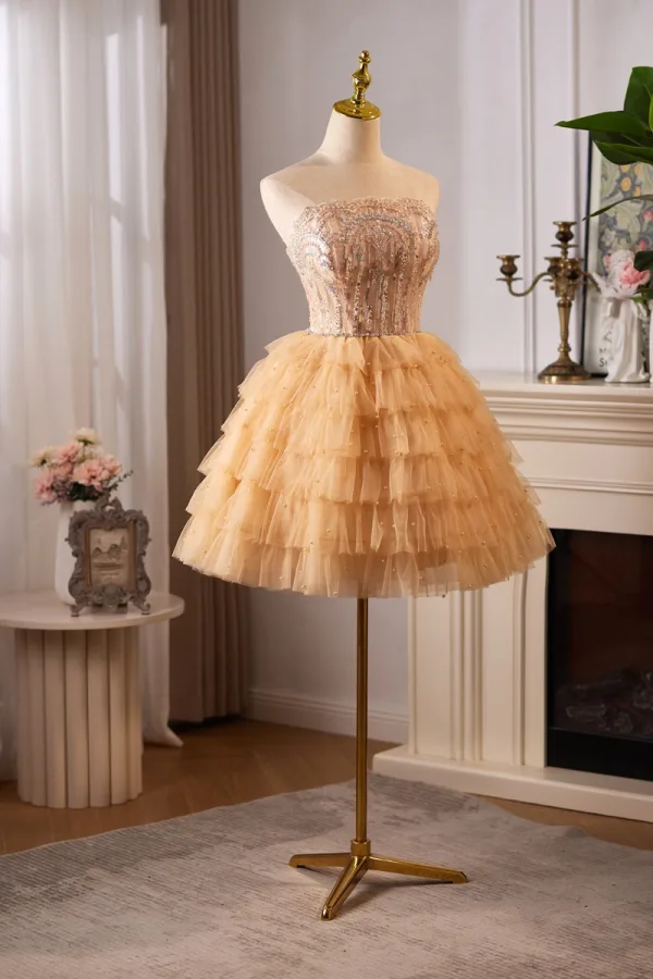 Sexy Gold Beading Sequins Cascading Ruffles Short Prom Dresses Party Dresses 2024 Ball Gown Strapless Sleeveless Backless Prom Party Dresses
