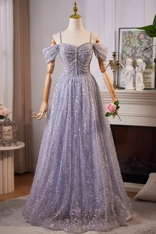 Bling Bling Lavender Beading Rhinestone Sequins Prom Dresses 2024 Ball Gown Off-The-Shoulder Short Sleeve Backless Floor-Length / Long Prom Formal Dresses