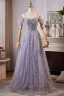 Bling Bling Lavender Beading Rhinestone Sequins Prom Dresses 2024 Ball Gown Off-The-Shoulder Short Sleeve Backless Floor-Length / Long Prom Formal Dresses