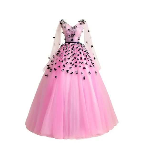 Abordable Rose Bonbon Robe De Bal 2018 Robe Boule En Dentelle Fleur Appliques Noeud V-Cou Dos Nu Manches Longues Longue Robe De Ceremonie