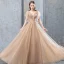 Modern / Fashion Champagne Evening Dresses  2019 A-Line / Princess Lace Flower Appliques Rhinestone V-Neck Backless Short Sleeve Floor-Length / Long Formal Dresses