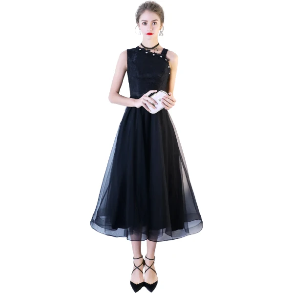 Chic / Beautiful Black Homecoming Graduation Dresses 2018 A-Line / Princess Rhinestone Bow One-Shoulder Backless Sleeveless Tea-length Formal Dresses