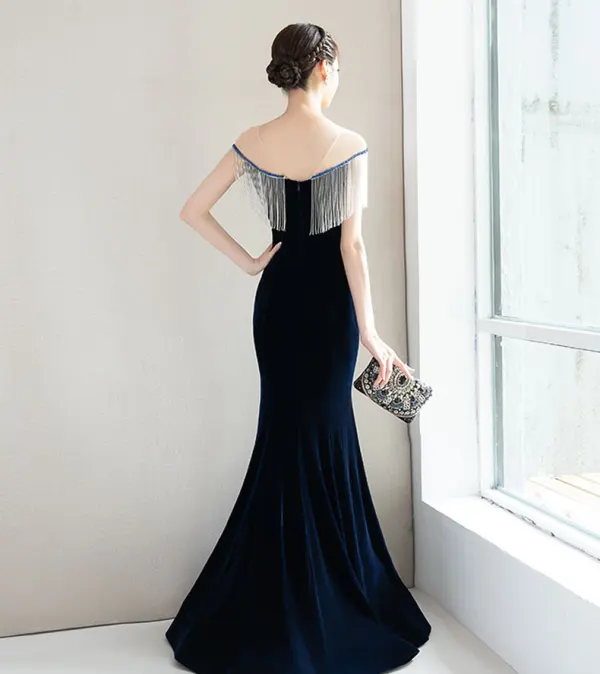 Elegant Navy Blue Evening Dresses 2018 Trumpet / Mermaid Beading Tassel Suede Scoop Neck Backless Short Sleeve Floor-Length / Long Formal Dresses