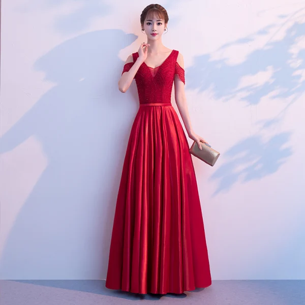Elegant Burgundy Prom Dresses 2019 A-Line / Princess Ruffle Beading V-Neck Backless Short Sleeve Floor-Length / Long Formal Dresses