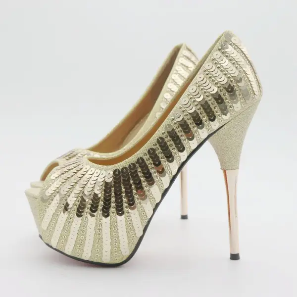 Sparkly Gull Aften Damesko 2018 Paljetter 12 cm Stiletthæler Peep Toe Pumps