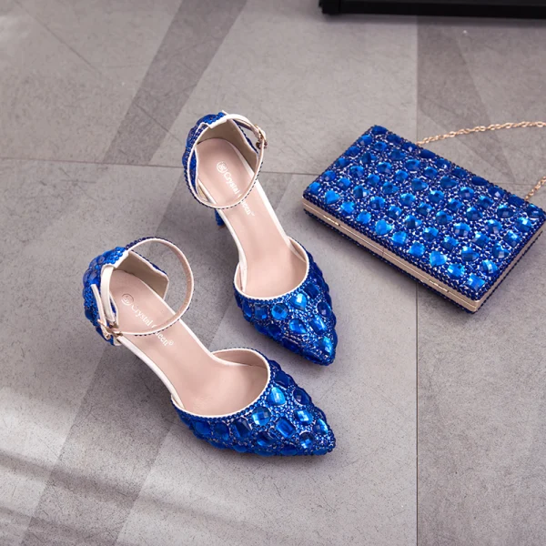 Charming Royal Blue Evening Party Womens Shoes 2018 Crystal Rhinestone Ankle Strap 8 cm Stiletto Heels Pointed Toe High Heels