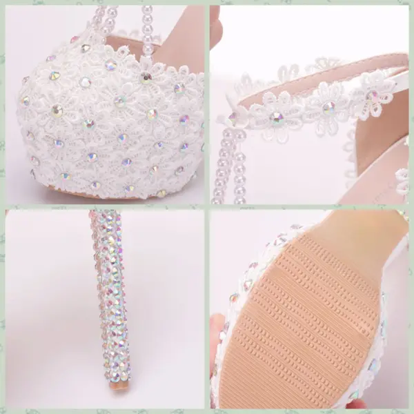 Elegante Weiß Brautschuhe 2018 Spitze Blumen Knöchelriemen Perle Strass 14 cm Stilettos Runde Zeh Hochzeit Hochhackige