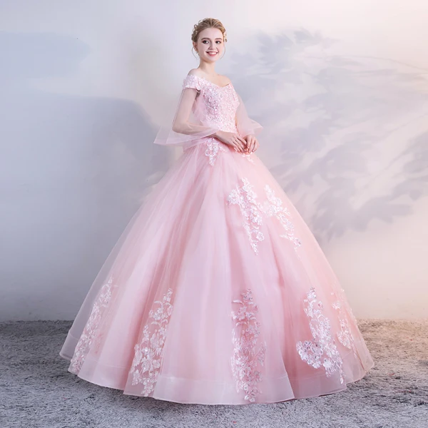 Chic / Belle Rose Bonbon Gonflée Robe De Bal 2018 Robe Boule En Dentelle Appliques Paillettes De l'épaule Dos Nu 1/2 Manches Longue Robe De Ceremonie