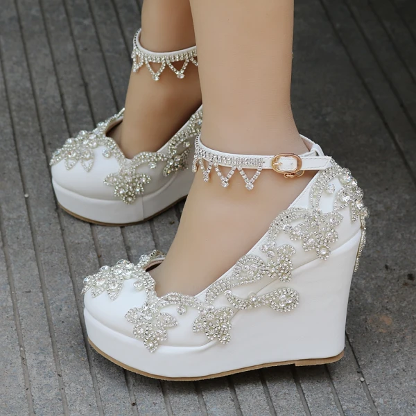 Mode Vita Casual Damskor 2018 Rhinestone Ankelband 10 cm Kilklackar Platåskor Pande Zote Toe